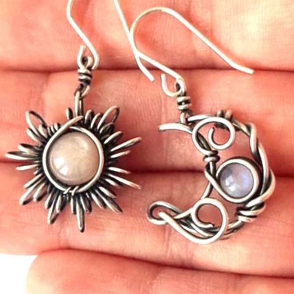 Bohemian Astrology Sun Moon Silver Wire Wrapped Celestial Stone Mismatch Dangles - Picture 2 of 16
